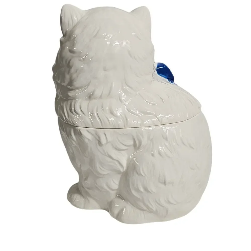 Vintage 80s Ceramic White Persian Cat Cookie Jar Blue Ribbon Bow Made in Japan
